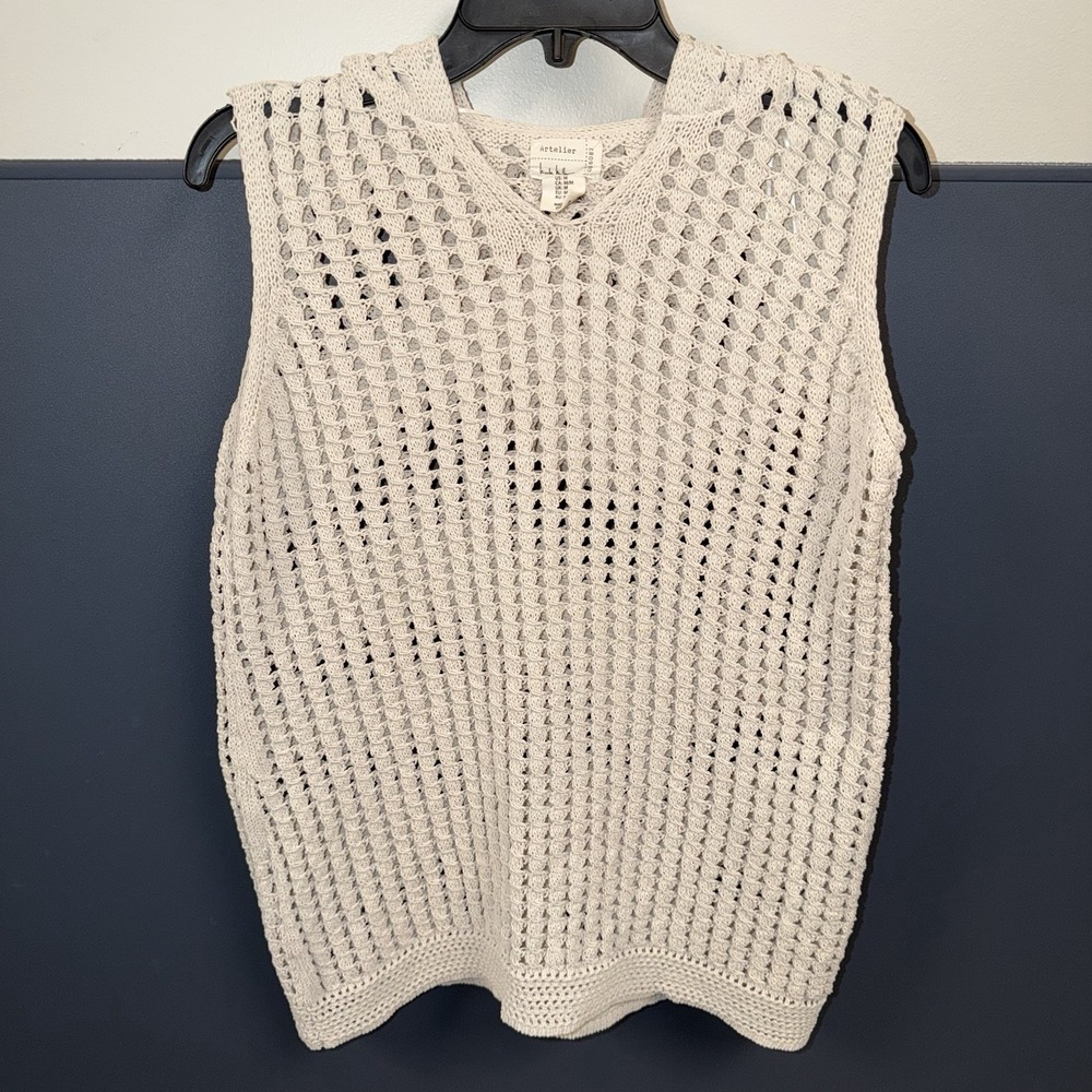 Artelier by Nicole Miller open-knit crochet hooded vest Coastal Boho Chic Medium